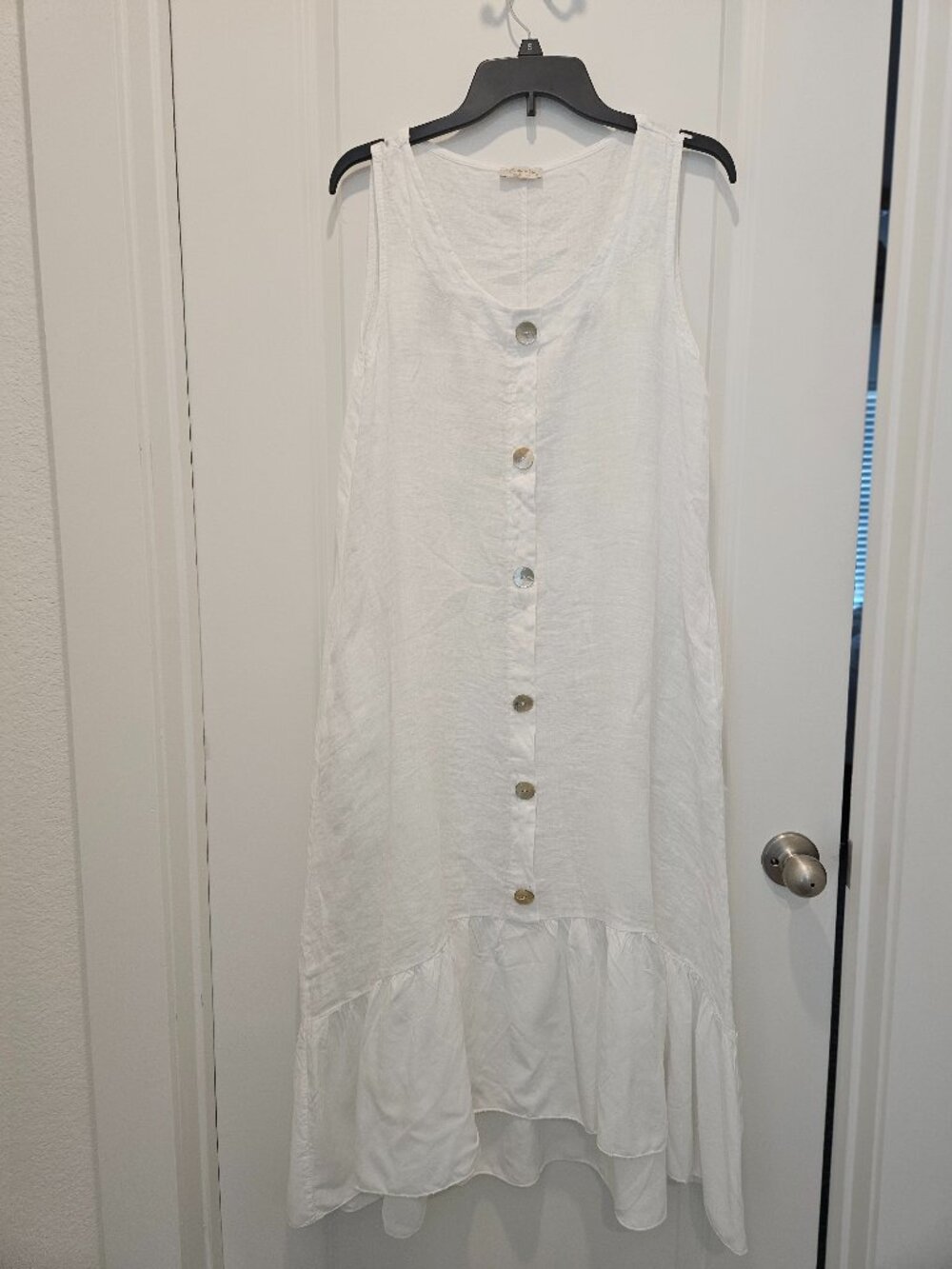 White Linen Sleeveless Button-Front Tiered Ruffle Midi Dress